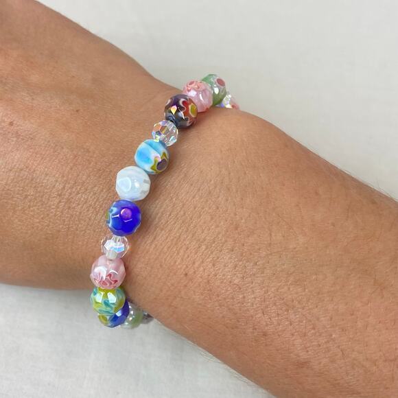 Aurora Borealis Crystal & Floral Colorful Glass Bead Bracelet 925 Silver Toggle - Picture 6 of 10